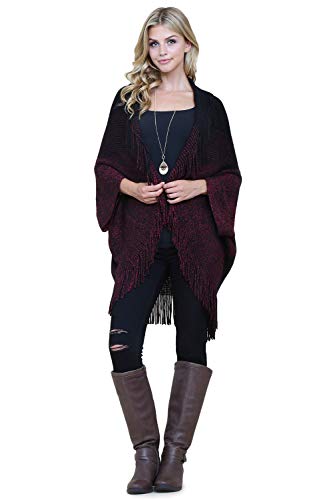 Knit Open Poncho - Sweater Versatile Kimono Cardigan Tassel, Classic Fringe Bolero, Plaid Wrap, Aztec Shawl (Fringe Tassel - Black) #TOP1