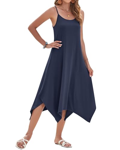 Image of AUSELILY Women's Summer Dresses 2026 Casual Sleeveless Spaghetti Strap Sundress Asymmetrical Midi Dress with Pockets