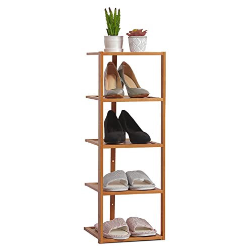 MoNiBloom 5 Tier Shoe Rack, Bamboo Narrow Single Pairs Shoe Storage Space Saving Ventilated Shoe Organizer for Small Spaces Corner Hallway Entryway, Brown