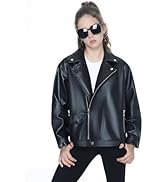 Mebius Girls Oversize Leather Jacket Kids Long Sleeve PU Faux Leather Pockets Youth Zip Up Outerw...