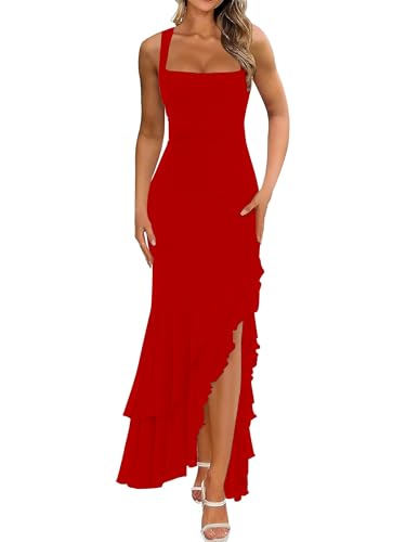 BORIFLORS Womens Elegant Bodycon Ruched Maxi Cocktail Dress Mesh Sleeveless Mermaid Ruffle Beach Wedding Guest Long Dresses Large Red