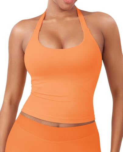 Image of YEOREO SoftHue Women's Impact Halter Tank Top Longline Backless Scoop Neck Built-in Bra Sports Workout Gym Crop Top