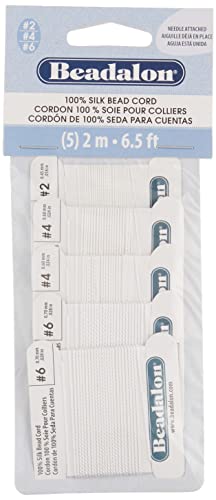 Beadalon Silk Thread, Variety Pack with Pre-Attached Beading Needle: White Color, 5 Pk, Size 2, 4, 6
