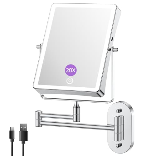 FASCINATE Wiederaufladbarer Kosmetikspiegel mit 1X/20X Vergrößerung, 3 dimmbare Lichtfarben,...