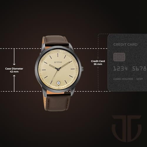 Image of Titan Minimalist Timeless Style Quartz Analog With Date Champagne Dial Dark Brown Leather Strap Watch for Men - NP1806NL02