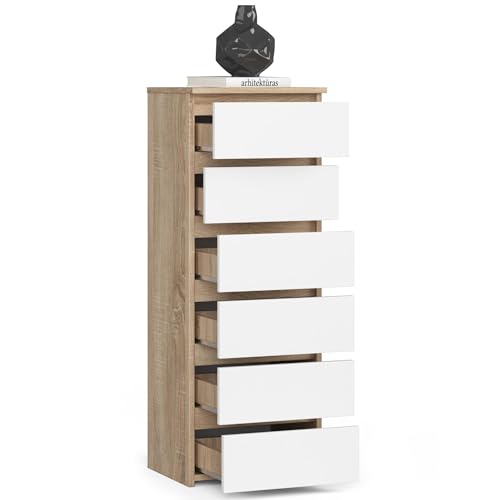 AKORD Kommode CL6 40 cm | 6 Schubladen | Schrank | für das Wohnzimmer | für das Schlafzimmer | B40 x H109 x T35 cm | Gewicht 25,5 kg | Sonoma Eiche/Weiß – Bild 5