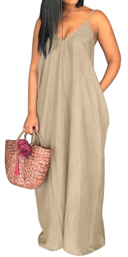 Image of SeNight Women's Maxi Denim Dress Spaghetti Strap with Pockets | Maxi Denim Dress Spaghetti Strap Loose Fit Summer Beach Long Dress with Pockets