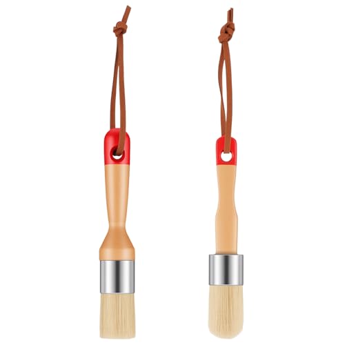 WJIAAA Chalk Paint Brush, 2 Pack Natural Bristle Round and Oval Wax Brushes for Furniture, Wood Handle Stainless Steel Ferrule for Home Decor DIY Art Crafts(Red)