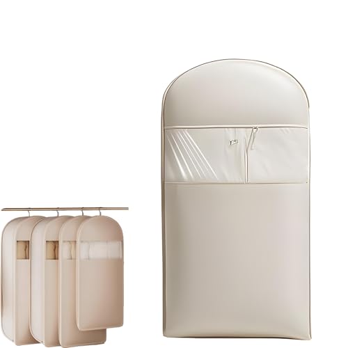 Space Saving Hanging Garment Bag with Self Compression Zipper, Otherwise Travel Clothes Bags for Down Coat Storage, Protector Dust Cover Closet Organizers (Beige, L)