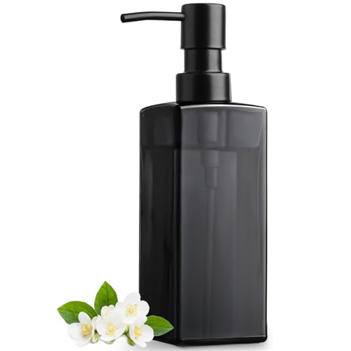 Image of GMISUN Black Glass Soap Dispenser, Hand Soap Dispenser with Stainless Steel Pump for Bathroom, 12 fl oz /350ml Refillable Dish Dispensers for Kitchen, Modern Liquid Lotion Bottles for Countertop