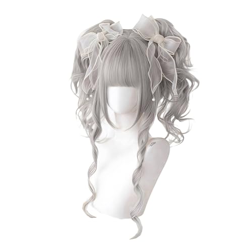 [ボズとガルヤ] ウィッグ ロリータ ゴスロリ ツインテール お姫 GAL系 原宿風 前髪 かつら 巻き髪 耐熱 森ガール ゆめかわいい シルバー 茶色 仮装 日常 パーティー 変装 学園祭 文化祭 (シルバー)
