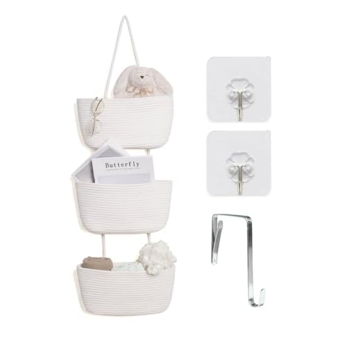 ANTIS'S HOME Over The Door Organizer Hanging Basket, 3-Tier Woven Cotton Wall-Mounted Nursery Storage Organizer Bag Boho Decorative Hanging Nursery Baskets for Living Room Bedroom - White