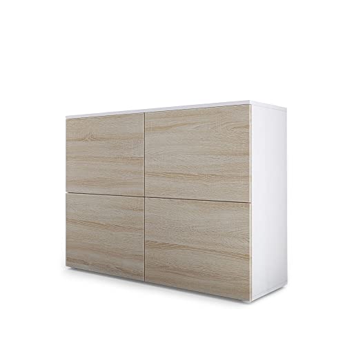 Vladon Buffet Rova, Commode avec 4 Portes, Blanc Mat/Chêne Brut (92 x 72 x 35 cm)