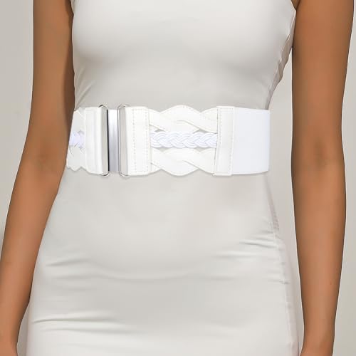 GORGECRAFT White Stretchy Belt for Women PU Leather Wide Elastic Waist Belts Vintage Adjustable Invisible No Show Cinch4