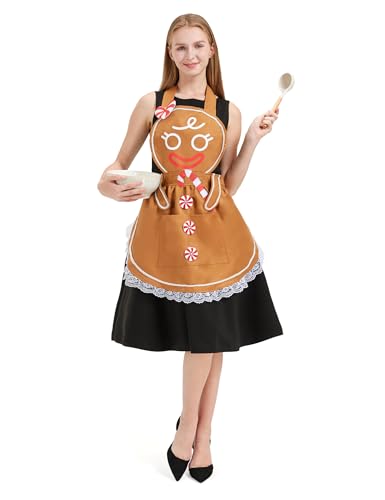 Blafly Christmas Gingerbread Apron for Women Adults Funny Baking and Cookie Kitchen Aprons Costume with Pockets Cute Festive Cooking Dress Outfit Accessories for Xmas Party Holiday Halloween