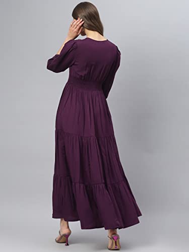 Image of Femvy Women's Fit and Flare Maxi Dress Rayon 3 /4 Sleeve Solid V-Neck Evening Dress 751