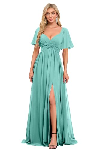 Image of Women's Flutter Sleeves Chiffon Bridesmaid Dresses with Slit Long A Line V-Neck Formal Party Dress with Pockets