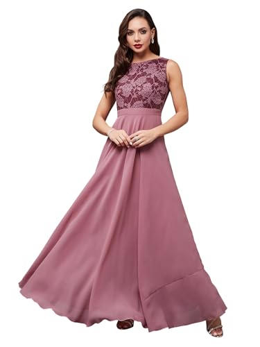Image of Miss Chase Women's V-Neck Full Sleeve Self Design Lace-Overlaid Georgette Maxi Dress