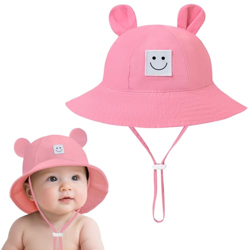 Image of Baby Bucket hat Cute Infant Bear Sun Hat 3-12 Months UPF 50+ Sun Protection Summer Girls Boys Hats (Pink)