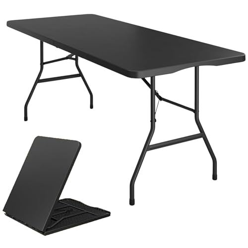 Image of BTEXPERT Fold-in-Half Folding Utility Table 6 Feet 72 inch x 29.5 inch Lightweight Portable Carrying Handle, Indoor Outdoor Picnic Camping Office Home Party Wedding Event Easy to Clean Store & Care Black
