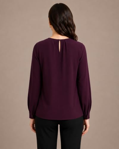 Image of Mirana Women's Full Sleeve Solid Top | Round Neck Pleated Front Regular Fit Office Casual Blouse with Button Cuffs
