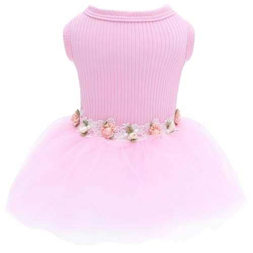 Image of CuteBone Pink Tulle Skirt Dog Wedding Bridesmaid Dress for Puppy with Lace Trim at Waist - Comfortable, Stylish, and Perfect for Special Occasions HBQ01L