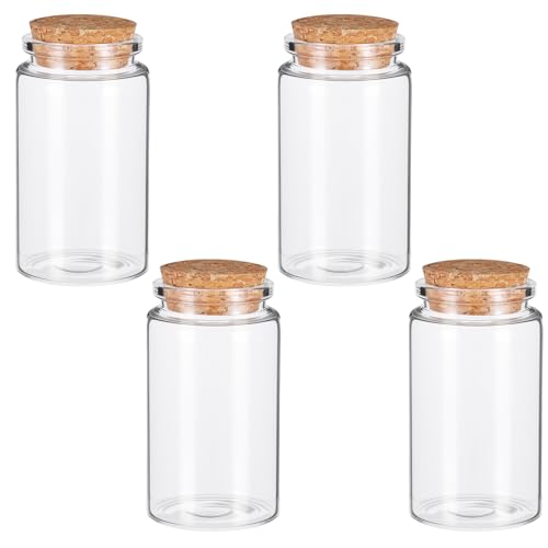 Lusofie Lot de 4 petits bocaux vides en verre transparent avec bouchon en liège - 100 ml - Pour décoration de cuisine, cadeaux, fêtes, épices