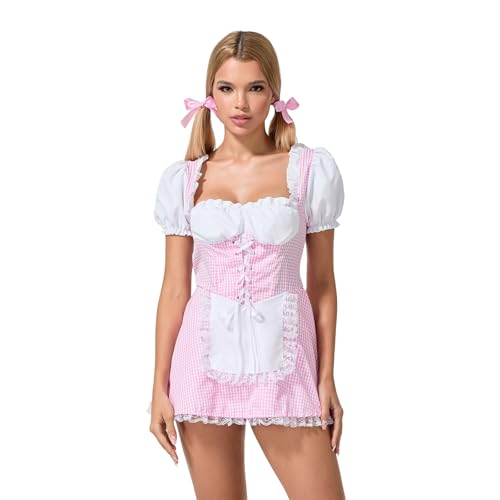 Women's Sweetie Cosplay Costume Fashion Short Puff Sleeve Lace Hem Plaid Corset Party Dress Theme Party Outfits (Standard, M, A-02)