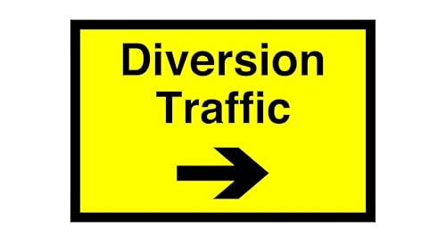 Image of Diversion traffic arrow "right" sign - warning road, street sign - 1.2mm Rigid plastic for indoor/outdoor usage (400mm x 300mm) Viewing Distance within 14m.