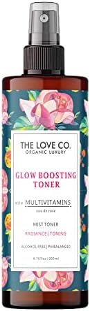 THE LOVE CO. Glow Boosting with Multivitamin Face Toner Face Mist 200ml, Rose Water for Face with Witch Hazel, Basil, Cucumber & Organic Aloe Vera/Min