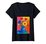 Photo Gallery donna fiori di campo colorati in vaso blu arte artistica estetica maglietta con collo a v Photo Gallery donna fiori di campo colorati in vaso blu arte artistica estetica maglietta con collo a v