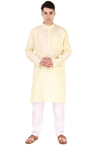 Image of Men's Cotton Solid Kurta Set Mandarin Collar Regular Fit Long Sleeves Ethnic Dress