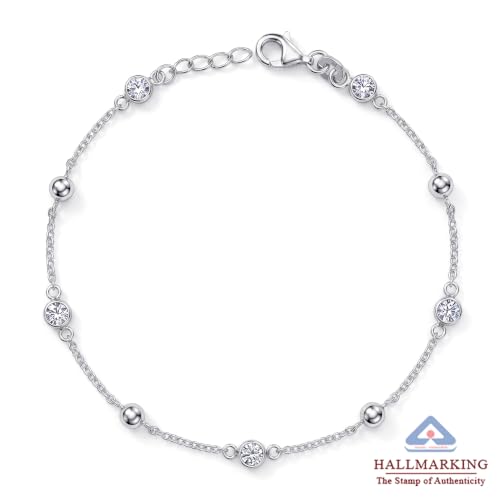 Image of TRUESILVER ACPL 925 Sterling Silver CZ Beaded Chain Bracelet for Women | Cubic Zirconia and Ball Bead Station Bracelet | Elegant Silver Jewelry for Women