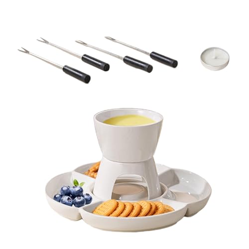 Juego de fondue de queso, set de fabricación de fondue - Calentador de chocolate derretido de cerámica con tenedor y bandeja para sumergirse, juego de crisol de chocolate para noches de cine y juegos