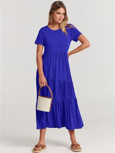 Image of ANRABESS Women Summer Maxi Dress Short Sleeve Swing Casual Asymmetric Tiered Vacation Long Beach Sundress Outfits