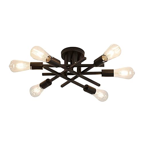 Lámpara de techo de montaje semiempotrado de 6 luces, accesorios de iluminación de metal negro industrial moderno, lámpara de techo Sputnik de fácil montaje para cocina, isla, dormitorio, comedor Cover