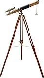Télescope en laiton finition antique double baril en cuir noir avec trépied en bois marron sur pied Royal fait main authentique télescopique