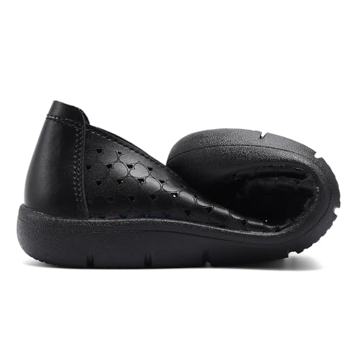 Image of Women's Summer Slip On Loafers, Breathable Perforated Hollow Cutout Flats, Comfortable Vegan Leather Walking Work Shoes for Women, Heart Floral Geometric Pattern Soft Sole Casual Summer Footwear