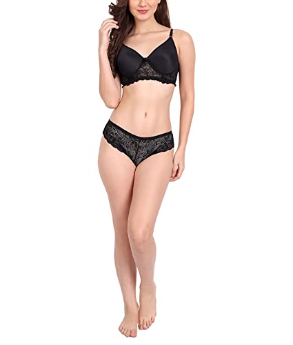 Image of FIMS - Fashion is my style Women Cotton Floral Lace Padded, Non-Wired, Full Coverage, Seamless Bra Panty Set, Multicolor, Lingerie Set