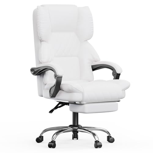 naspaluro Chefsessel Bürostuhl mit Fußstütze, Schreibtischstuhl Ergonomisch, PU Leder Computerstuhl mit Gepolsterter Armlehnen und Weicher Kopfstütze Neigefunktion, Höhenverstellbar Drehstuhl, Weiß