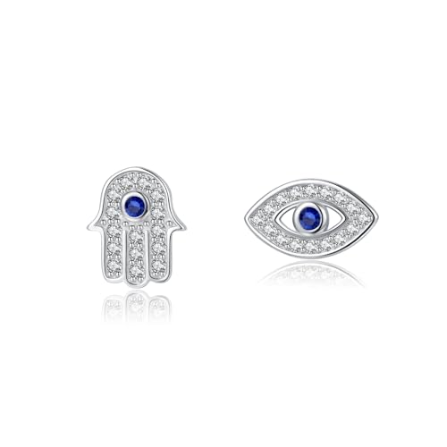 SLUYNZ Solid 925 Sterling Silver CZ Evil Eye Earrings Stud for Women Teens Hamsa Hand Earrings Stud
