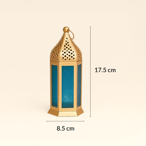 Image of MARKET 99 Metal+Glass Moroccan Lantern with Embosed Glass | for Diwali, Christmas, Birthday, and Wedding | Decorative Candle Holder for Home Decor-Golden & Blue | (Use LED T-Light only)