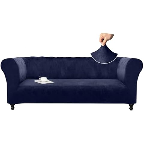Arfntevss Chesterfield Sofa Cover Velvet Stretch Couch Covers for 3 Cushion Couch Sofa Slipcovers for Living Room Super Soft Plush Thick Non Slip Pet Dogs Furniture Protector (Navy Blue, Large) Cover