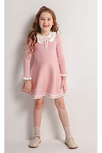 Smiling Pinker Toddler Girls Dresses Sweater Long Sleeve Winter Knitted Skater Dress Ruffle Collar (Pink, 7-8 Years) #TOP5