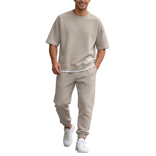 Chándal para hombre, traje de chándal de dos piezas, juego de ocio, traje deportivo cómodo, informal, 2 piezas, pantalones cortos, camiseta cómoda, traje de ocio para hombre, manga larga, estampado, O