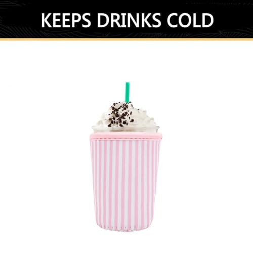 Image of YR Reusable Neoprene Insulator Sleeve for Iced Coffee Cups, 3 Pack Coffee Coolies sleeves for Iced & Hot Drinks, Cold Beverage Cooler Compatible with Starbucks Coffee and More (Pink Stripes)