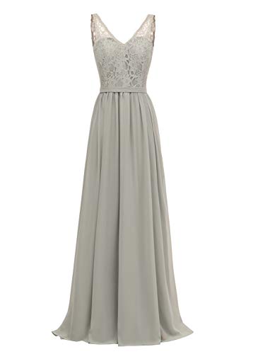 Zhongde V-Neck Lace and Chiffon Plus Size Formal Party Gown Long Bridesmaid Dress with Belt Silver Grey Size 18