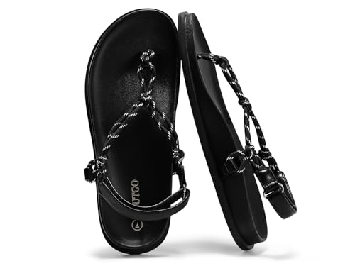 Coutgo Womens T Strap Flat Sandals Open Toe Flip Flops Adjustable Ankle Strap Summer Beach Thong Shoes,Black,size 7