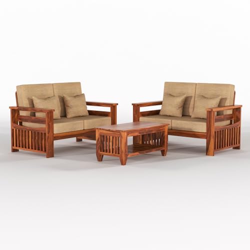 Image of Sheesham Wooden 4 Seater Sofa for Living Room | Rosewood 4 Seater Cushion Sofa Side Half Moon Rack | Solid Wood Sofa Set for Lounge (2+2,Honey)