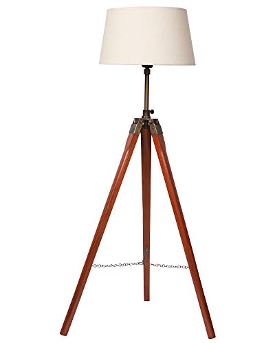 Image of Homesake Tripod Floor Lamp with Shade Wooden, Brass Finish Industrial Nautical Marine Decorative Lamp (Beige)